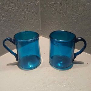 Hand-Blown Vintage Blue Art Glass Mugs - Set of 2